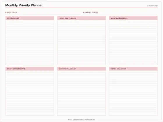 Monthly Priority Planner: One-page planner template for GoodNotes, iPad and print