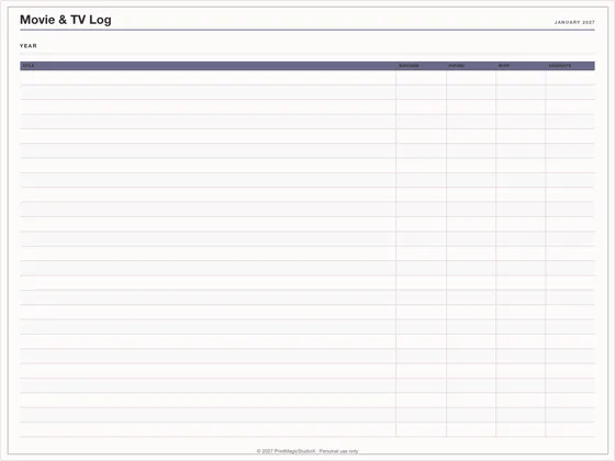 Movie & TV Log: One-page planner template for GoodNotes, iPad and print