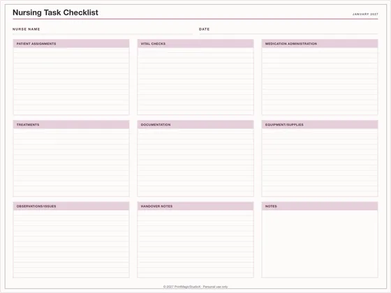 Nursing Task Checklist: One-page planner template for GoodNotes, iPad and print