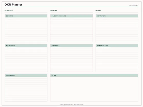 OKR Planner: One-page planner template for GoodNotes, iPad and print