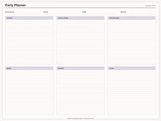 Party Planner: One-page planner template for GoodNotes, iPad and print