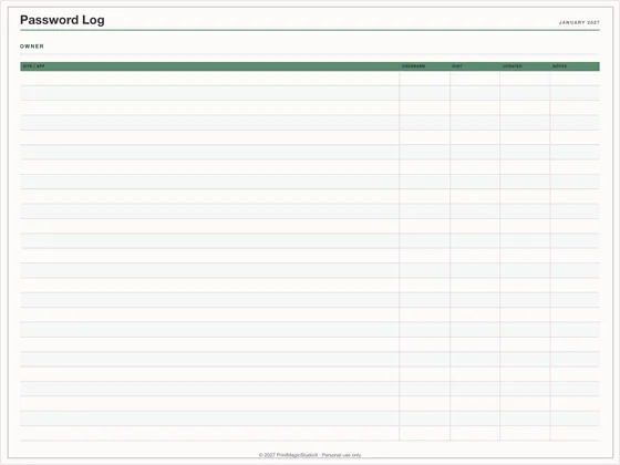 Password Log: One-page planner template for GoodNotes, iPad and print