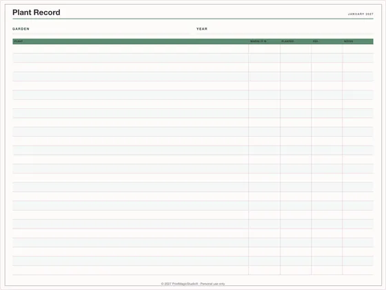Plant Record: One-page planner template for GoodNotes, iPad and print