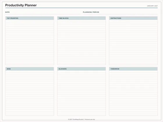 Productivity Planner: One-page planner template for GoodNotes, iPad and print