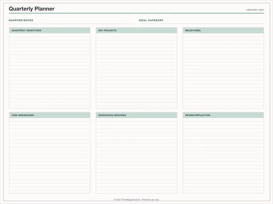 Quarterly Planner: One-page planner template for GoodNotes, iPad and print