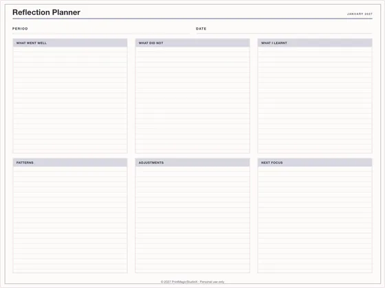 Reflection Planner: One-page planner template for GoodNotes, iPad and print