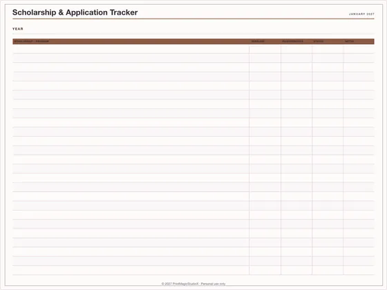 Scholarship & Application Tracker: One-page planner template for GoodNotes, iPad and print