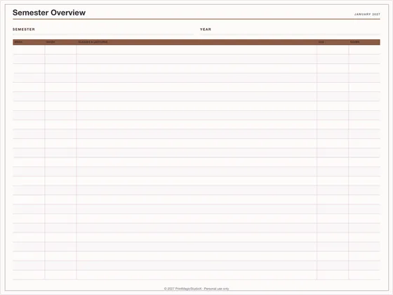 Semester Overview: One-page planner template for GoodNotes, iPad and print