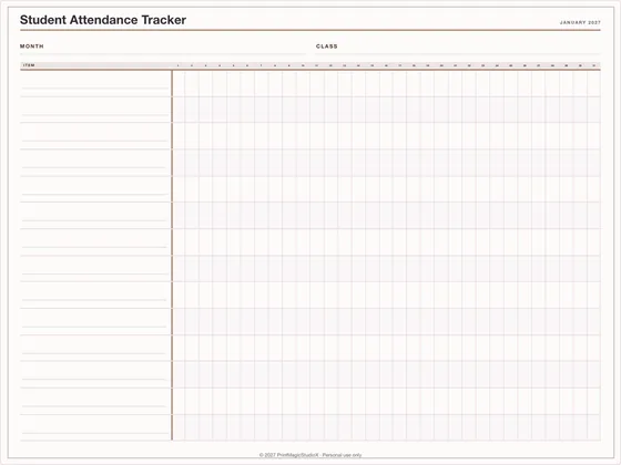 Student Attendance Tracker: One-page planner template for GoodNotes, iPad and print