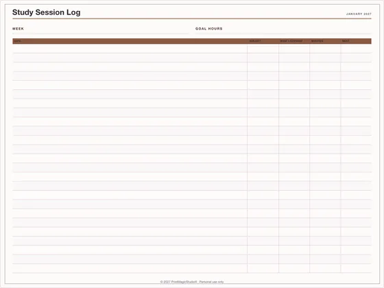 Study Session Log: One-page planner template for GoodNotes, iPad and print