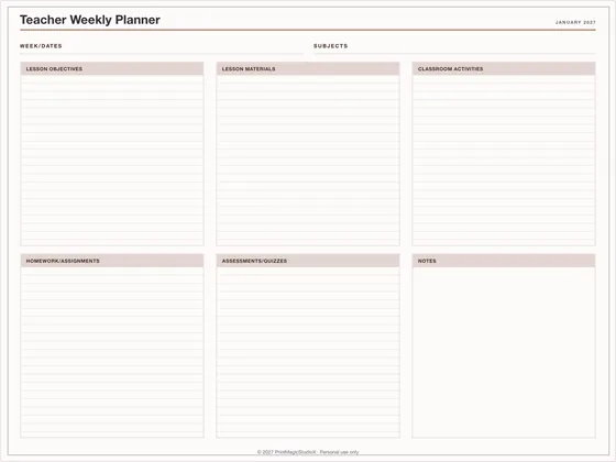 Teacher Weekly Planner: One-page planner template for GoodNotes, iPad and print