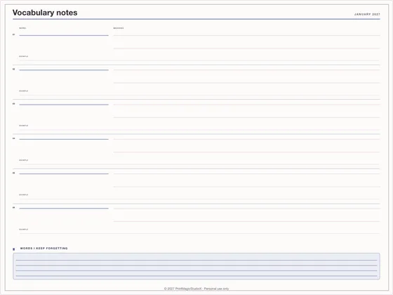 Vocabulary notes: Note paper template for GoodNotes, iPad and print
