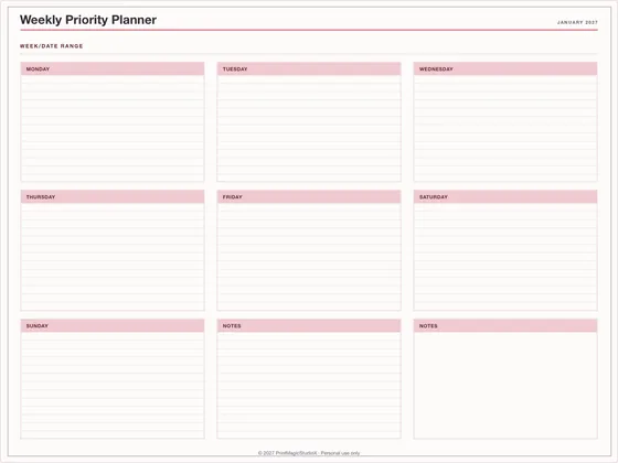 Weekly Priority Planner: One-page planner template for GoodNotes, iPad and print