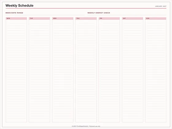 Weekly Schedule: One-page planner template for GoodNotes, iPad and print