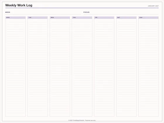 Weekly Work Log: One-page planner template for GoodNotes, iPad and print