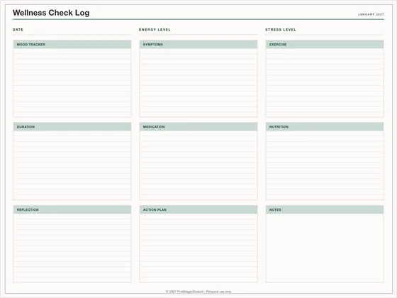 Wellness Check Log: One-page planner template for GoodNotes, iPad and print