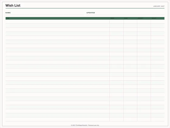 Wish List: One-page planner template for GoodNotes, iPad and print