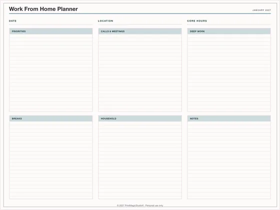 Work From Home Planner: One-page planner template for GoodNotes, iPad and print