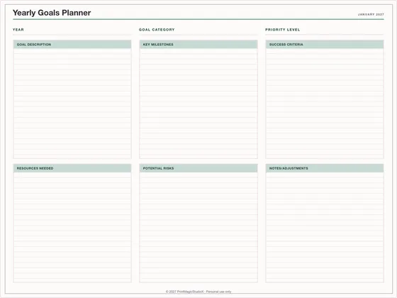 Yearly Goals Planner: One-page planner template for GoodNotes, iPad and print