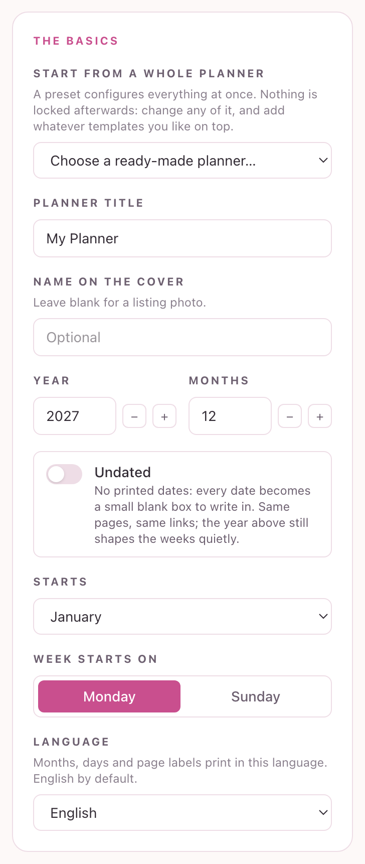 The Basics card: preset dropdown, planner title, year, months, undated toggle and week start
