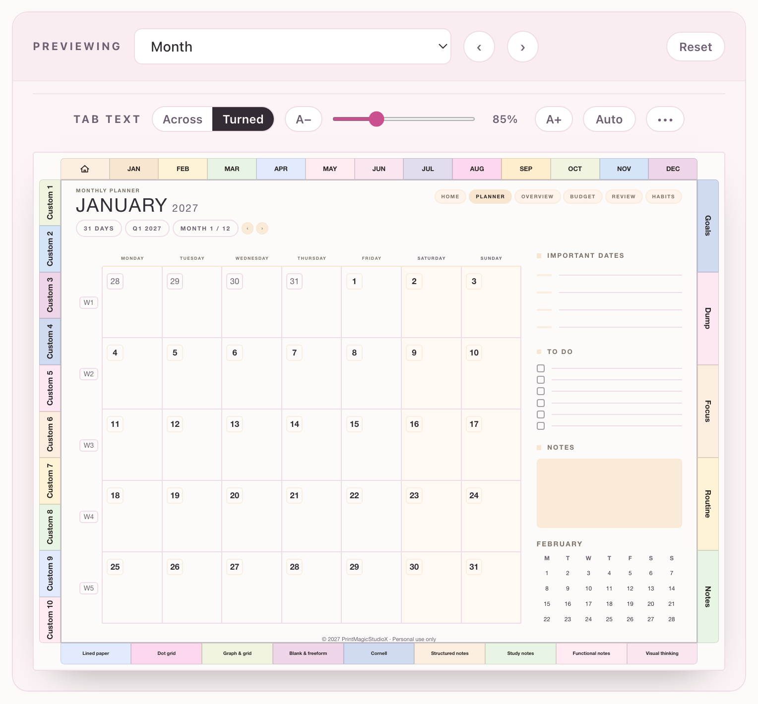 The live preview panel showing a month page with the tab text controls