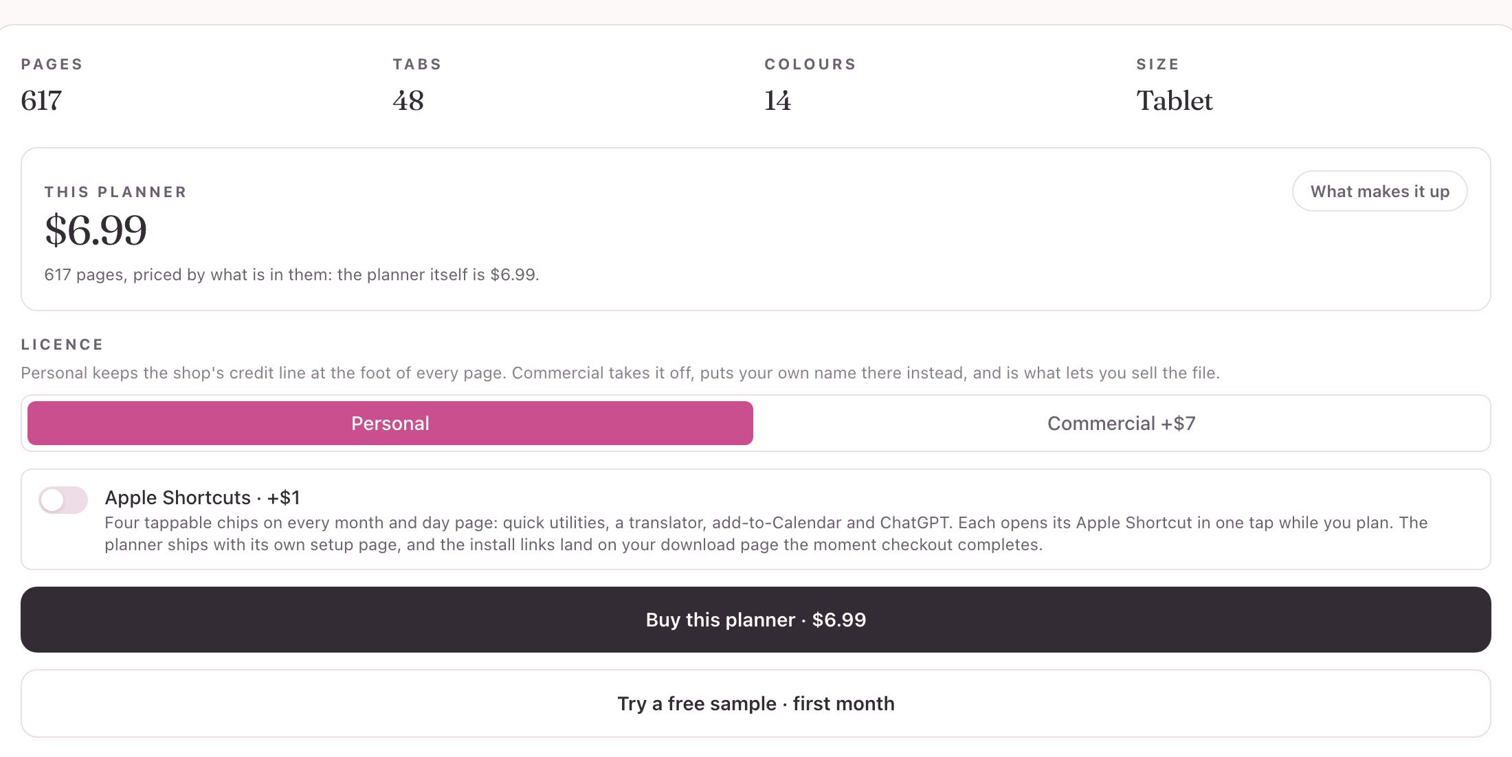 The pricing card with the buy button and the free sample link
