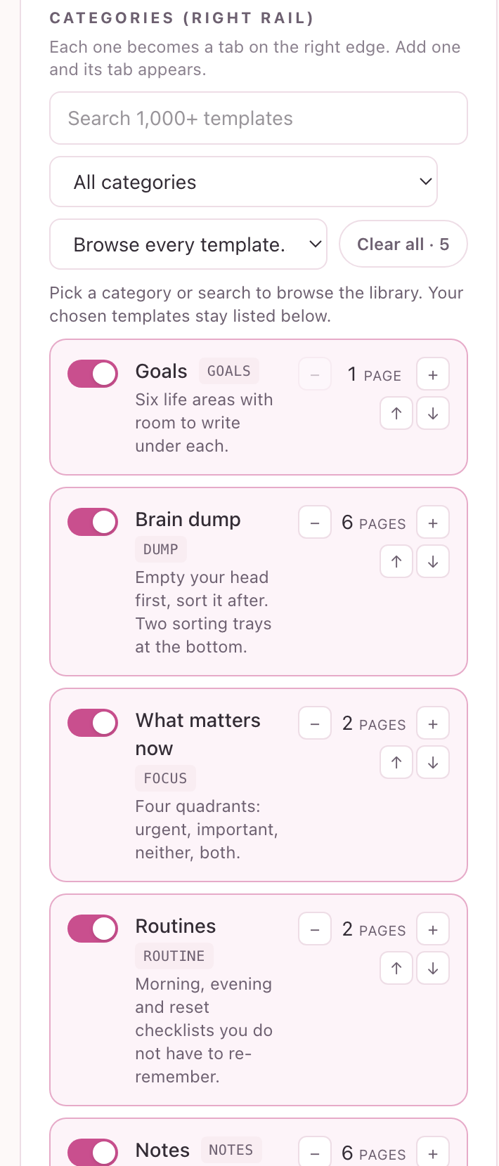The template library picker with categories, search and chosen templates