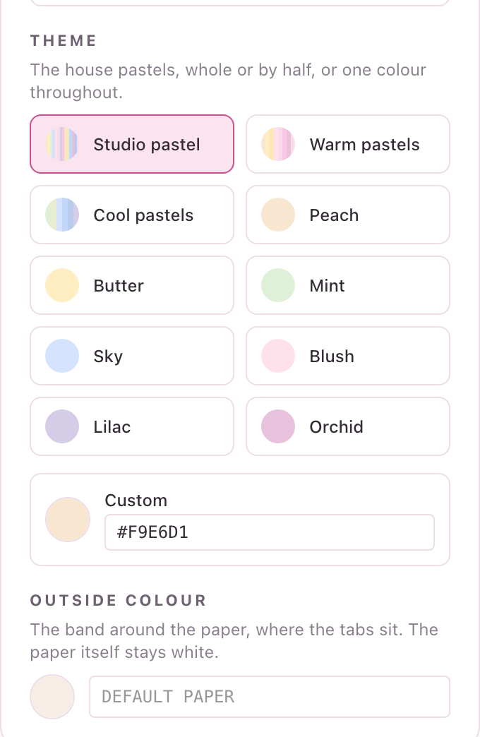 The theme picker with the studio pastel palettes and a custom colour