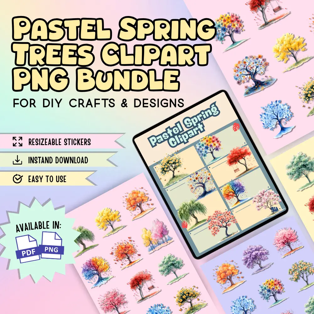 Pastel Spring Trees Clipart PNG Bundle