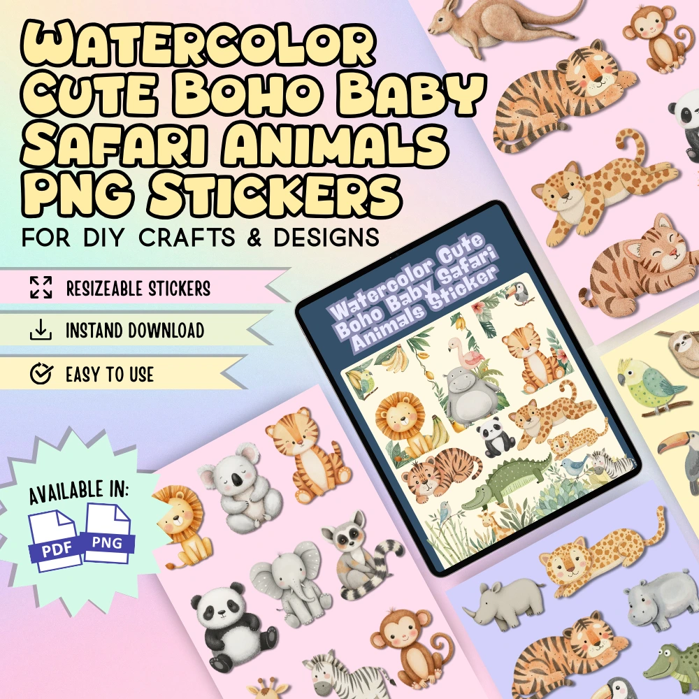 Watercolor Cute Boho Baby Safari Animals PNG Stickers